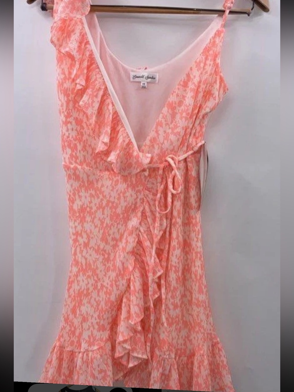 Emerald Sundae Coral Pink Ruffle Wrap Camisole dress